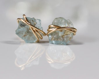 Aquamarine Earrings, March Birthstone Earrings, Raw Gemstone Earrings, Dainty Aquamarine Studs, Blue Crystal Earrings