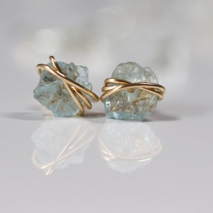 Aquamarine Earrings, March Birthstone Earrings, Raw Gemstone Earrings, Dainty Aquamarine Studs, Blue Crystal Earrings