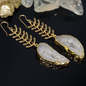 White Agate Geode Slice Dangle Earrings, Long Gold Chain Earrings, White Crystal Earrings, Statement Earrings image 1