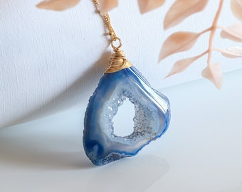Blue Geode Necklace, Druzy Necklace, Cobalt Druzy Necklace, Geode Slice Pendant Necklace, 14k Gold Filled Satellite Chain, Unique Gift