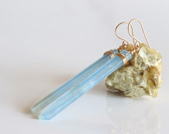 Blue Calcite Earring, Raw Gemstone Point Earrings, Blue Stone Earrings. Wire Wrapped Stone Earrings, Crystal Bar Earrings, Gift for Woman