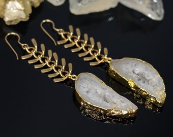 White Agate Geode Slice Dangle Earrings, Long Gold Chain Earrings, White Crystal Earrings, Statement Earrings