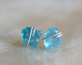 Raw Apatite Stud Earrings, Raw Gemstone Stud Earrings, Simple Stud Earrings, Blue Gemstone Earrings