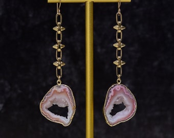 Pink Agate Geode Slice Statement Earrings, Gold Spike Chain, Long Dangle Earrings, Crystal Earrings
