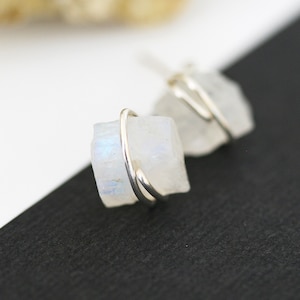 Raw Moonstone Stud Earrings, Rainbow Moonstone Studs, Rose Gold Moonstone Stud Earrings, Sterling Silver Moonstone Earrings, June Birthstone
