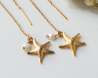 Gold Starfish Threader Earrings, Pearl Threader Earrings, 14k Gold Filled Threader Earrings, Gold Charm Earrings, June Birthstone