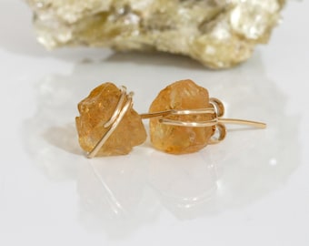 Raw Citrine Stud Earrings, Sterling Silver, 14k Gold Filled, November Birthstone