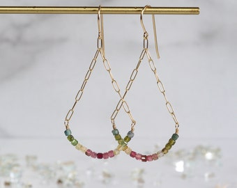 Watermelon Tourmaline Dangle Earrings, Curved Rainbow Earrings, 14k Gold filled and Gemstone Chandelier Earrings, Gift for her, Christmas