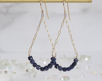 Long Blue Sapphire Earrings, Trapeze Earrings, 14k Gold filled, Gemstone Chandelier Earrings, September Birthday, Birthstone, Gift for Her