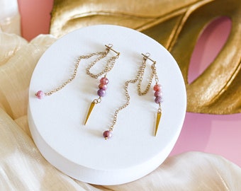 Ruby Earrings, Gemstone Front Back Earrings, Long 14k Gold Filled Spike Earrings, Birthstone Earrings, Ear Jackets, Gift for Her