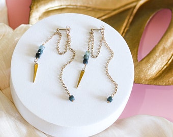 Tourmaline  Ear Jackets, Blue Tourmaline, Front Back Earrings, Long 14k Gold Filled Spike Earrings, Birthstone Earrings, Gift for Her