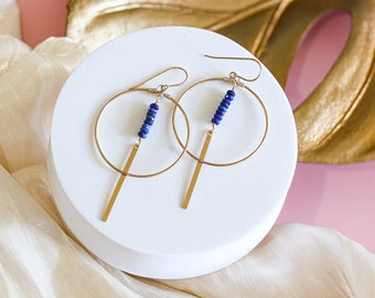 Lapis Dangle Earrings, Gold Hoop Earrings, Gold Earrings with Gemstones, Blue Stone Earrings, 14k Gold Filled Earrings, Gift for Her