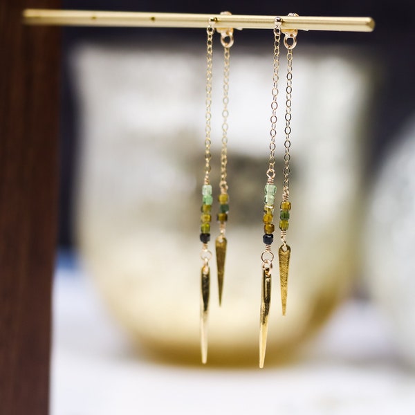 Green Tourmaline Double Chain Earrings, Front and Back Earrings, Gold Spike Earrings, Gemstone Ear Jacket, Long Gold Dangle Earrings