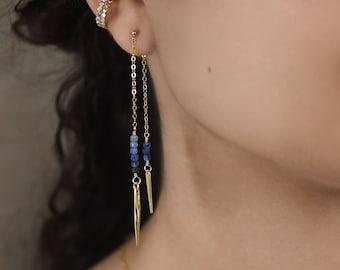 Blue Kyanite Ear Jackets, Double Chain Earrings, Front and Back Earrings, Gold Spike Earrings, Gold Chain Earrings. Double Sided Earrings