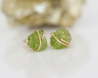 Raw Peridot Stud Earrings, Green Stud Earrings,  Raw Gemstone Studs, August Birthstone, Birthstone Jewelry, Gift for Her