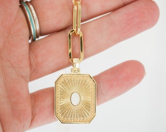 Gold Medallion Necklace, Starburst with Opal Pendant, 14K Gold Filled Chain, Layering Necklace, Gift for Her