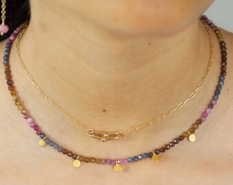 Multicolor Gemstone Necklace, Sapphire Beaded Choker, Ruby Choker, Dainty, Adjustable Length, Gift for Her