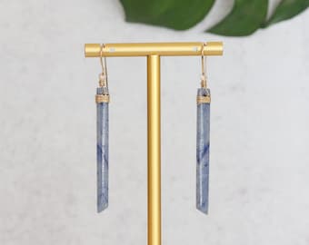 Blue Aventurine Earring, Raw Gemstone Point Earrings, Blue Stone Earrings. Wire Wrapped, Crystal Bar Earrings, Long Gemstone, Gift for Woman