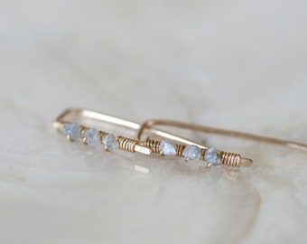 Raw Diamond Huggie Earrings, Tiny Diamond Earrings, Gold Earrings, Minimalist Gold Earrings, Gold Crawler Earrings, Gold Bar, Raw Gemstone