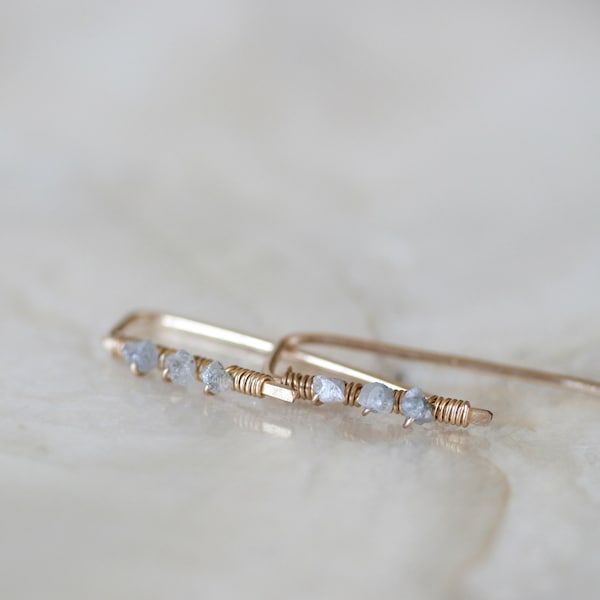 Raw Diamond Huggie Earrings, Tiny Diamond Earrings, Gold Earrings, Minimalist Gold Earrings, Gold Crawler Earrings, Gold Bar, Raw Gemstone