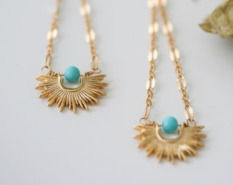 Gold Starburst Earrings, Gold Statement Earrings, Sleeping Beauty Turquoise, 14k Gold Filled Earrings, Mid-Century Starburst Earrings