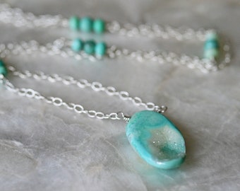Teal Green Druzy Necklace, Sterling Silver Druzy Necklace, Asymmetrical Necklace, Green Stone Necklace