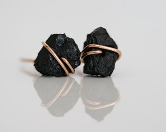 Raw Tourmaline Stud Earrings, Black Tourmaline Earrings, Raw Black Earrings, Raw Gemstone Studs, October Birthstone