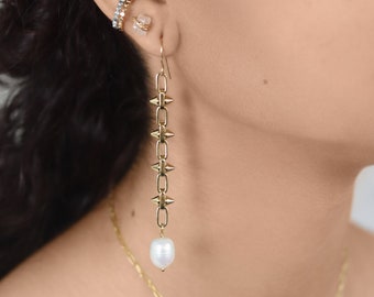 Pearl and Spike Gold Earrings, Long Gold Vermeil Spike Chain, Baroque Pearl Drop Earrings, Statement Earrings, Edgy Earrings