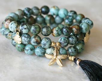 Green Turquoise Bracelet Stack, Tassel Bracelet Set, African Turquoise Bracelet, Stretch Bracelet Set