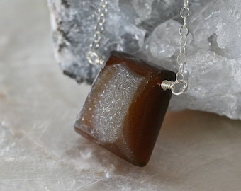 Brown Druzy Necklace, Druzy Necklace, Square Druzy Pendant, Crystal Necklace, Agate Necklace