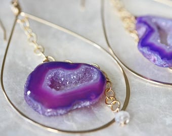 Geode Earrings, Purple Geode Earrings, Druzy Earrings, Hoop Earrings, Druzy Hoop Earrings, Purple Earrings, Moonstone Earrings