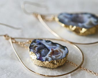 Druzy Earrings, Geode Earrings, Hoop Earrings, Purple Druzy Earrings, Hammered Hoop Earrings, Occo Agate Earrings, Gold Dipped Earrings,