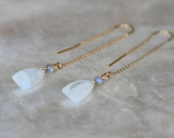 Gold Moonstone Labradorite Threader Earrings – Triangle Drop with Flashy Blue Green Glow