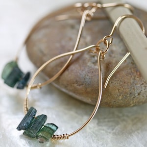 Gold Hoop Earrings, Tourmaline Earrings, Crystal Earrings, Green Stone Earrings, Raw Stone Earrings, Green Tourmaline