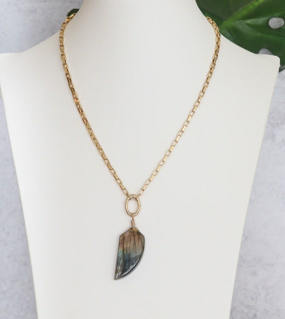 Labradorite Statement Necklace, Gold Box Chain Necklace with Front Closure, Gold Pendant Necklace, Rainbow Labradorite, Gift for Her