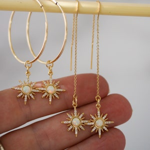 Gold Starburst Threaders, Star Threader Earrings, Opal Star Earrings, Gold Pull Through Earrings, Long Gold Earrings, October Birthday