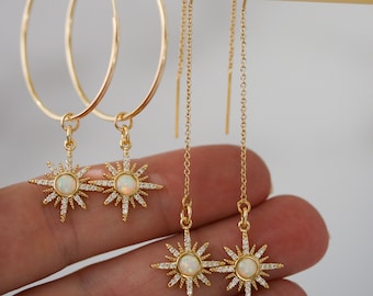 Gold Starburst Threaders, Star Threader Earrings, Opal Star Earrings, Gold Pull Through Earrings, Long Gold Earrings, October Birthday
