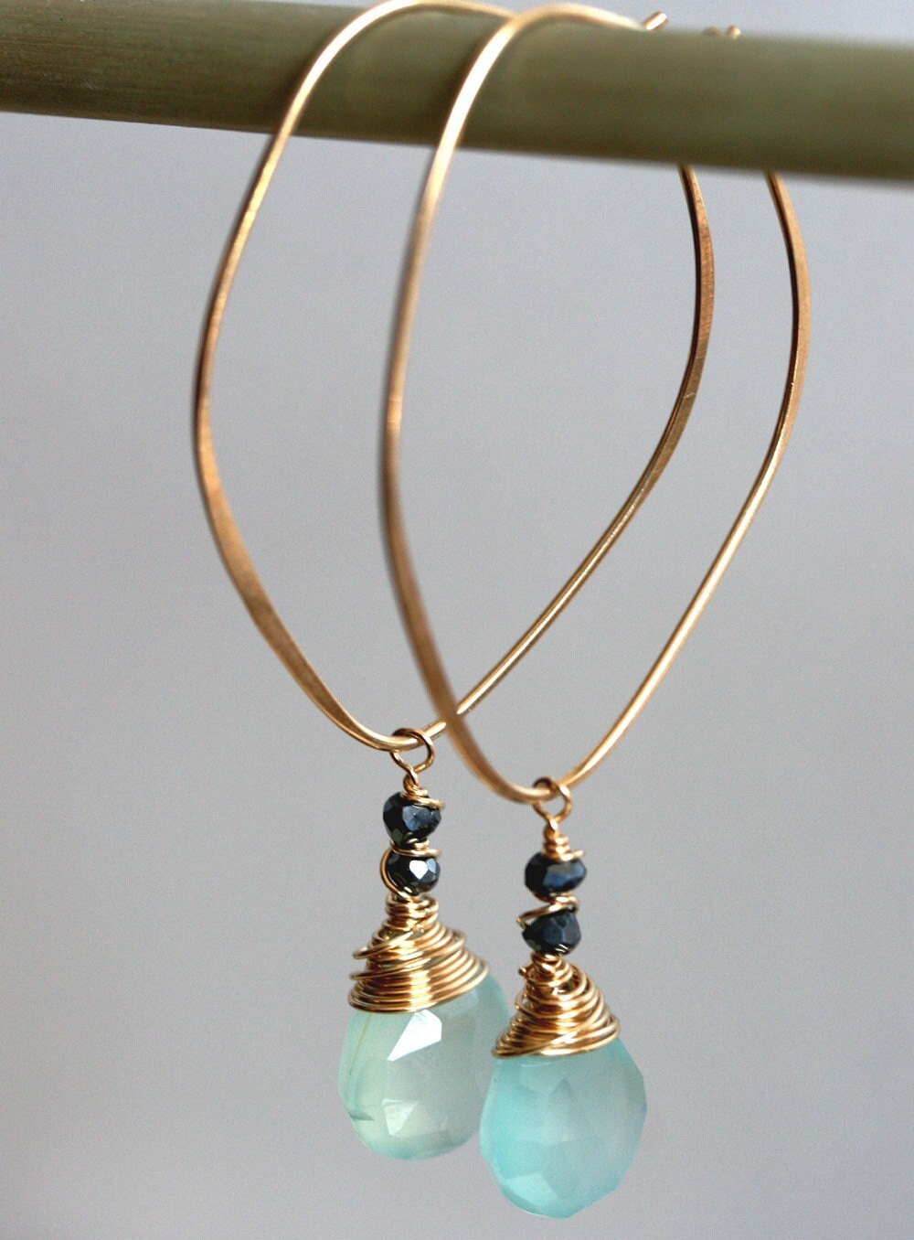 Gold Hoop Earrings with Chalcedony Aqua Chalcedony Earrings Hoop