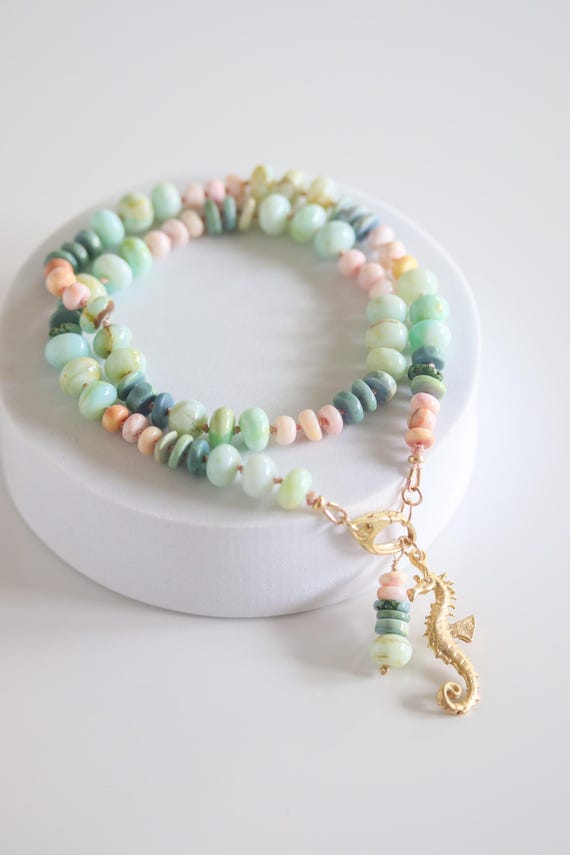 Hand Knotted Opal Necklace with Seahorse Charm | Green & Peach Opal Beads | 18k Gold Vermeil Charm Holder Clasp, Coastal Chic Jewelry