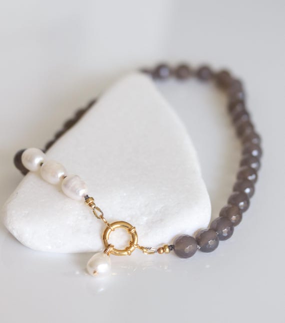 Grey Onyx Baroque Pearl Necklace, Hand Knotted on Silk, 14k Gold Filled Clasp, Charm Holder Necklace, Versatile Layering Jewelry