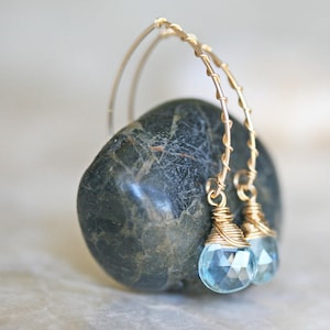 Blue Topaz Earrings, Topaz Earrings, Gold Earrings, Open Hoop Earrings, Briolette Earrings, Dangle Earrings, November Birthstone Earrings