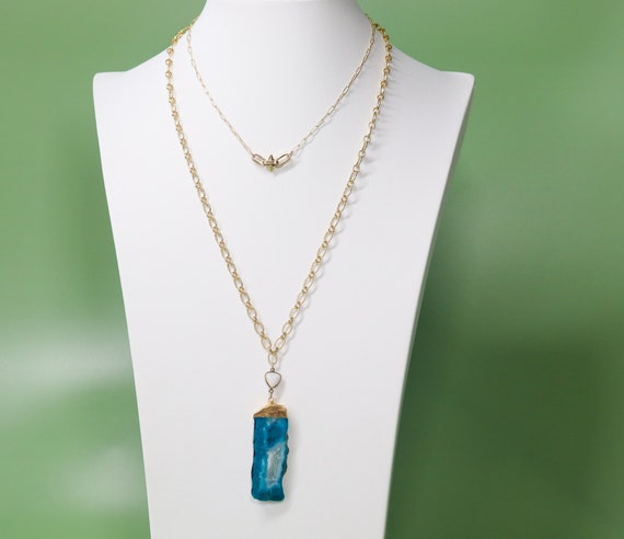 Chrysocolla Pendant Necklace on 14k Gold Filled Chain, Opal Accents, Statement Layering Necklace, Gift for Her