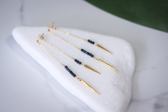 Blue Tourmaline Double Chain Front and Back Earrings with Gold Spikes