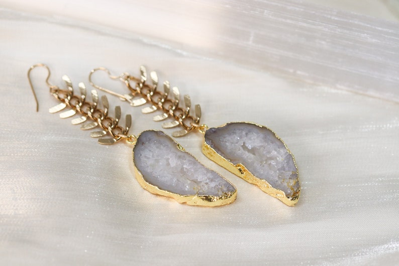 White Agate Geode Slice Dangle Earrings, Long Gold Chain Earrings, White Crystal Earrings, Statement Earrings image 2