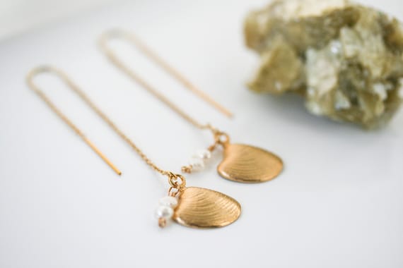 Gold Shell Charm with Pearl Threader Earrings
