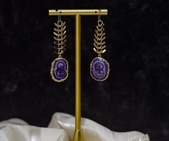 Long Bright Purple Stalactite Slice Earrings