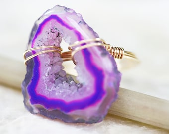 Druzy Ring - Geode Ring - Agate Slice Ring - Colorful Ring - Statement Jewelry