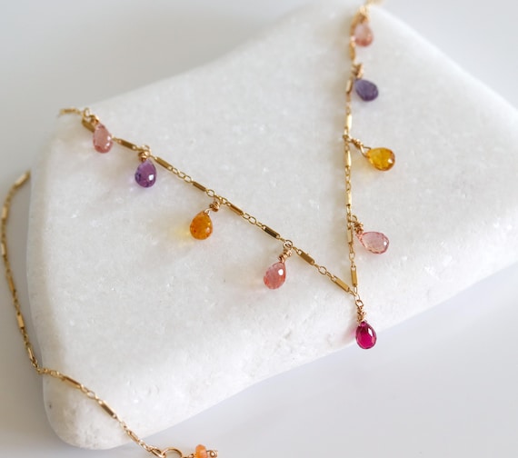 Rainbow Quartz Briolette Gold Necklace – Dainty Multicolor Gemstone Jewelry in 14k Gold Filled, Adjustable Layering Necklace for Women