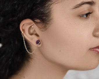 Ear Cuff with Chain Connector, Raw Gemstone Studs, Mix and Match Earrings, Stacked Earring Sets, Birthstone Earring Gift Set