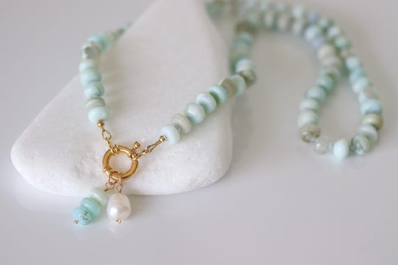 Peruvian Opal Beaded Necklace, Aquamarine Gems, Pastel Beaded Charm Necklace, 14k Gold Filled Charm Holder, Pearl Charm, Lux Gift for Her